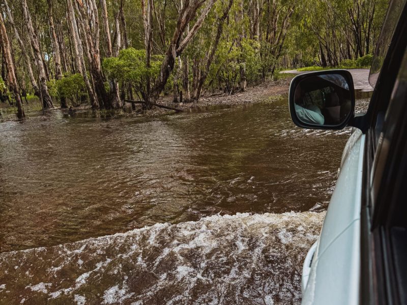 A car driving through a flooded road through a forest - day trips from Darwin