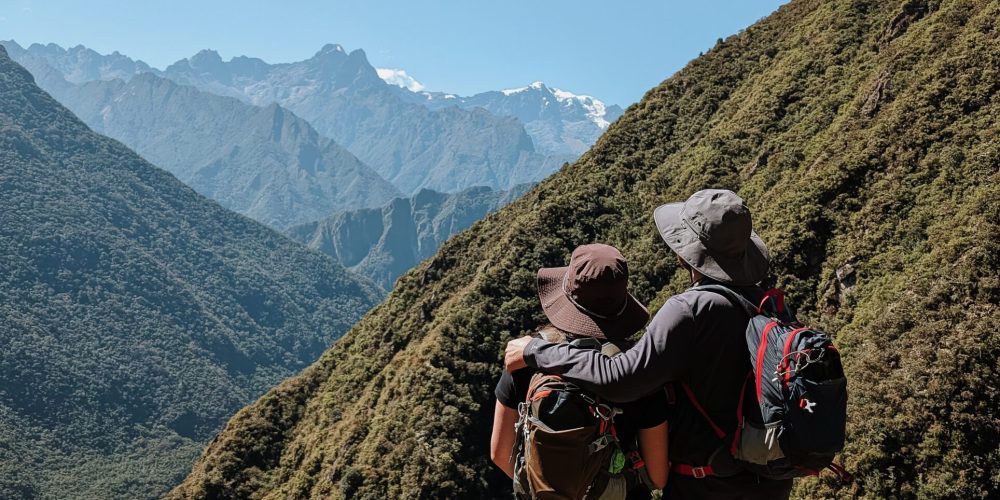 Two people looking out onto a series of green mountains