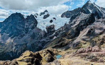 Views of a small teal lagoon in front of a snow-capped mountain as part of the Lares Trek