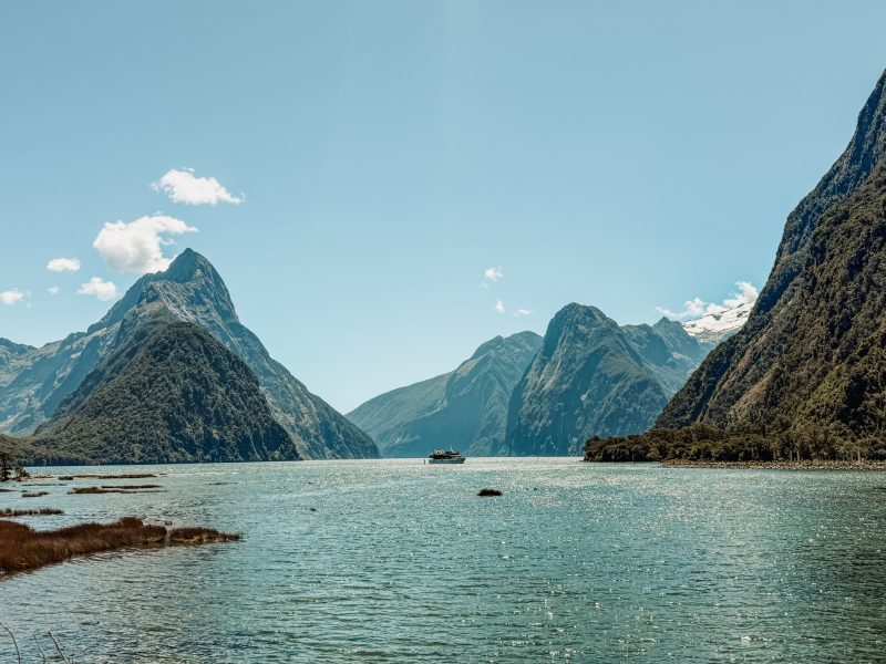 Pointy mountains over a lake in Fiordland National Park