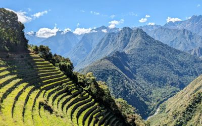 An archaeological site with tiered farming in the mountain side along the Inca Trail to Machu Picchu