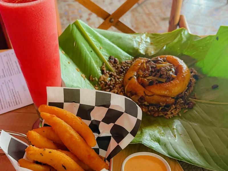 Traditional Panamanian dish served on a banana leaf with plantain fries and a fruit drink at Donde Giselle in Boquete Panama -- Boquete Panama