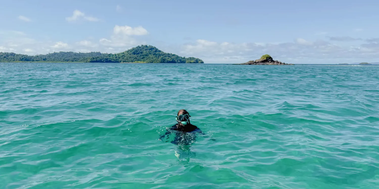 snorkeling-coiba-national-park Snorkeler in the clear turquoise water of Coiba National Park near Santa Catalina, Panama