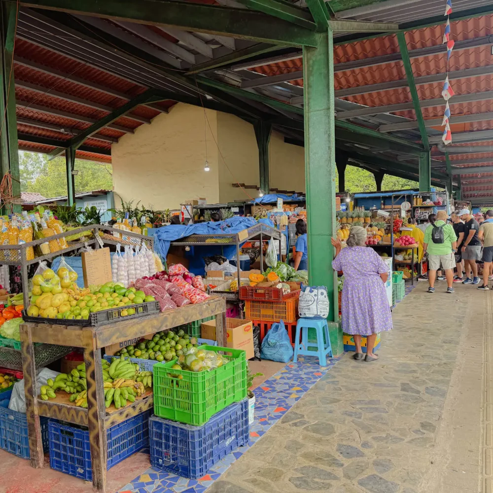 A covered Sunday market in Valle de Anton with vendors selling fresh tropical produce and fruit -- Valle de Anton Panama